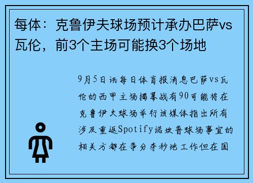 每体：克鲁伊夫球场预计承办巴萨vs瓦伦，前3个主场可能换3个场地